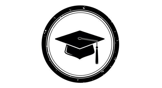 A black and white circular stamp icon featuring a graduation cap symbol for academic purposes