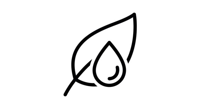 A minimalist black and white line art icon showing a simple leaf shape with a water drop inside