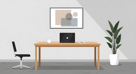 Fototapeta premium A minimalist home office setup featuring a simple wooden desk with a laptop and a houseplant.