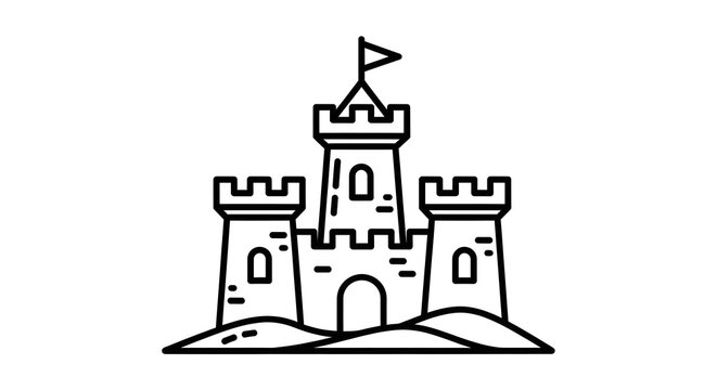 A black and white line art illustration of a classic sandcastle standing on a small sand dune.