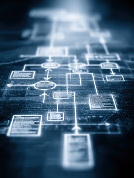 Abstract glowing digital flowchart or algorithm on a dark futuristic background