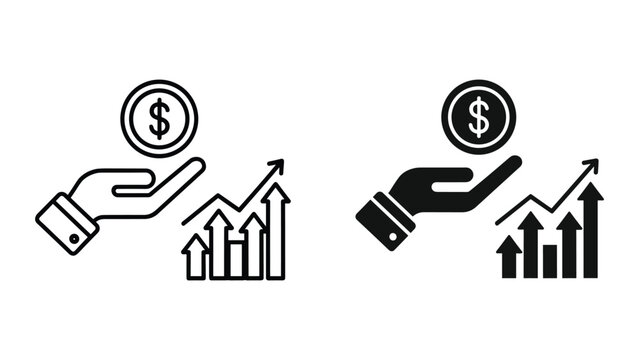 Two black and white icons depicting hands holding coins with dollar signs above growing graphs