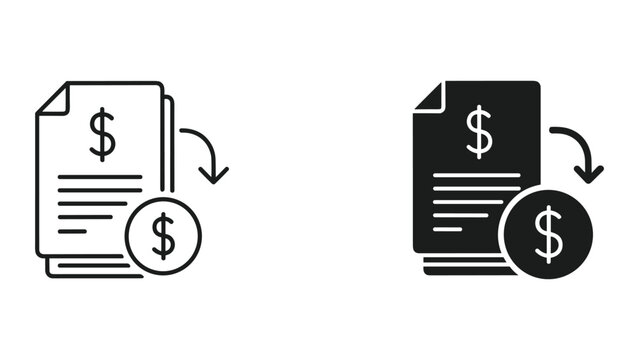 Two black and white icons depicting documents with dollar signs being exchanged for money
