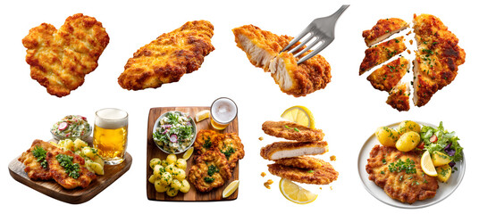 Set of crispy golden brown Schnitzel, thin slice breaded fried meat cutlet, veal pork chicken, fork, serving board with salad beer potato, plate with lemon, stack sliced, transparent cutout PNG Mockup