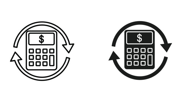 Two calculator icons with dollar signs are shown in a circular arrow loop for finance and accounting purposes on a white background