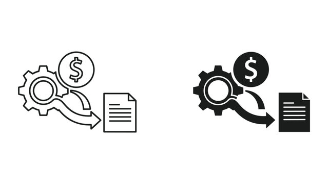 A pair of black and white icons depicting financial transactions and document processing with gears and dollar signs
