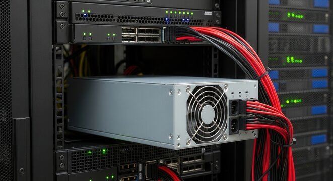 Server Power Supply Unit with Red Cables in a Data Center Rack.