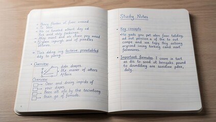 Fototapeta premium A notebook with handwritten study notes lies open on a wooden surface