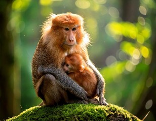 Naklejka premium A Golden Snub-nosed Monkey Mother Embraces Her Baby for Warmth in a Sunlit Forest