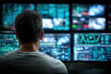 Fototapeta premium Surveillance operator monitoring multiple data screens, technology, security operations center