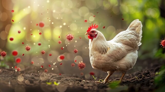 White chicken stands in dirt. Red virus particles float in air around bird. Concept of bird flu spread and danger. Farm animal at risk of infection