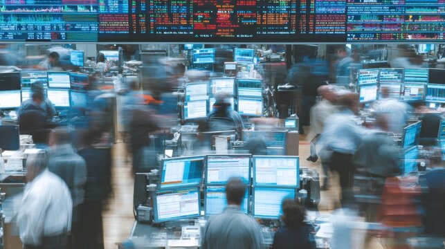 Busy stock trading floor with traders analyzing market data on multiple computer screens