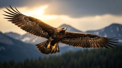 Fototapeta premium Majestic Golden Eagle Soaring Above Mountain Peaks at Sunset.