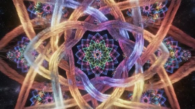 Abstract rotating kaleidoscopic mandala with glowing colorful light patterns in space.