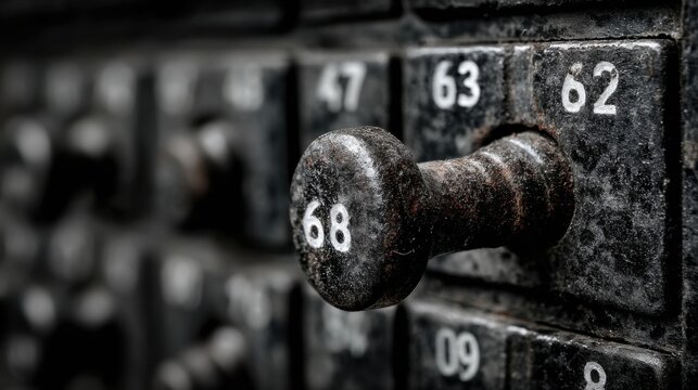 Close-up of a vintage, weathered metal dial or switch with number 68, suggesting old technology or a control panel