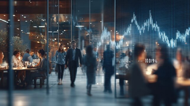 Modern restaurant with blurred patrons and financial stock market graph overlay, symbolizing business and investment