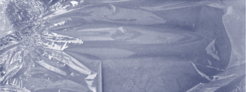 Wrinkled plastic film texture with dotted halftone effect. Abstract crumpled cellophane background with soft folds and transparent material look. Concept of packaging, recycling, material surface.