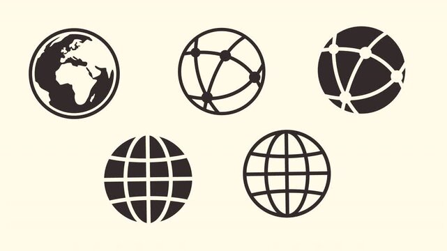 Animated Earth Globe Icon Set with Connection Lines and Grid Patterns (Transparent Background)