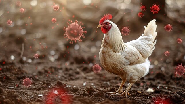 White chicken stands in dirt. Red virus particles float in air around bird. Concept of bird flu spread and danger. Farm animal at risk of infection