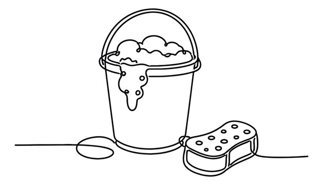Continuous line art illustration of a bucket with suds and a sponge depicting cleaning activities for hygiene