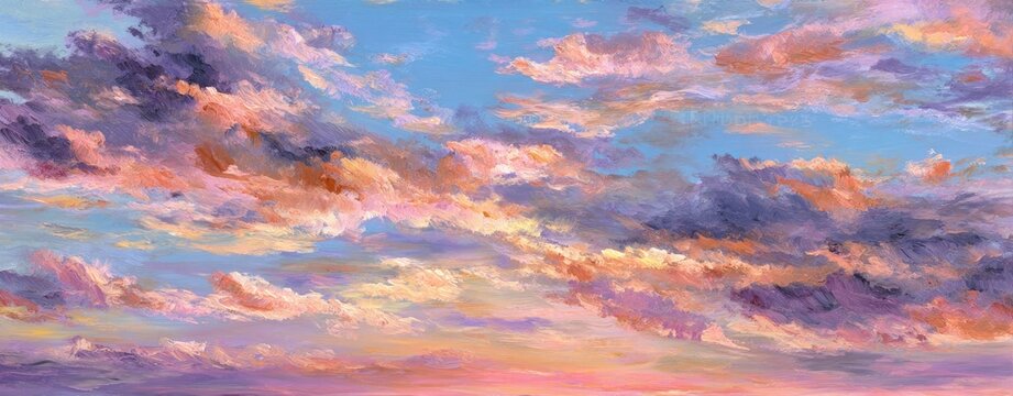 A beautiful panoramic background of a soft, impressionistic cloudscape at sunset, painted with gentle brushstrokes of orange, pink, and purple, artistic and serene --ar 64:25 --v 7 J