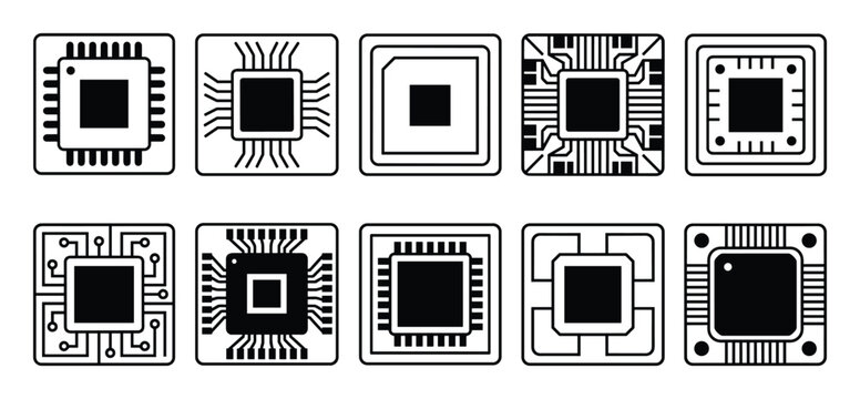 Microchip and processor circuit board icons set representing semiconductor technology and computer hardware