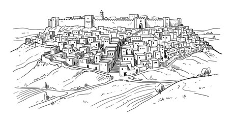Fototapeta premium Panoramic hand drawn sketch of walled hilltop city with detailed houses and surrounding agricultural landscape