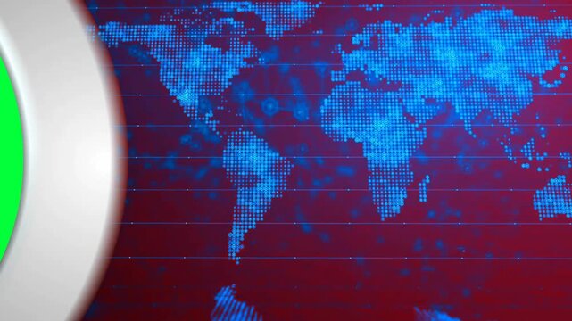 Abstract Digital World Map Background with Rotating Circular White and Red Frames and Green Screen Placeholder for News or Corporate Presentation
