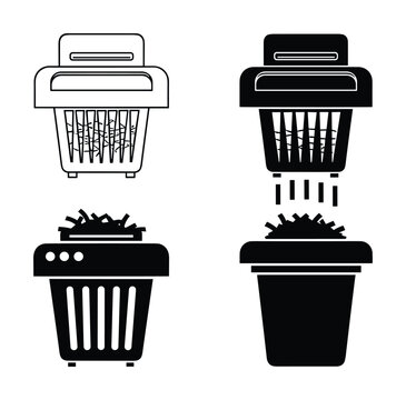 Paper shredder icon set depicting different styles of document destruction devices and shredded paper