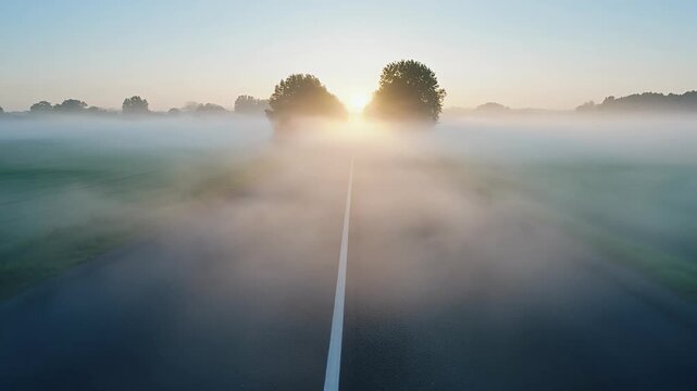 Sunlit road through a rural landscape shrouded in morning mist and fog