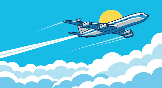 Passenger airplane flying high in blue sky above clouds at sunset or sunrise vector illustration graphic