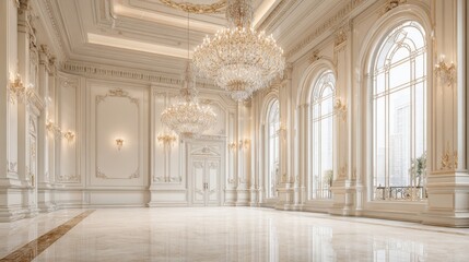 Fototapeta premium Elegant, opulent, and spacious ballroom with ornate chandeliers and grand arched windows flooded with natural light