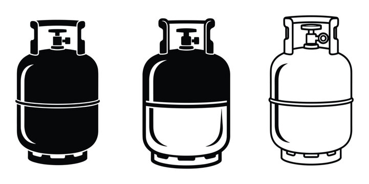 Propane gas cylinder set showing diverse canister designs for storage and transport of flammable fuel energy
