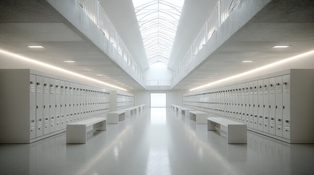 Modern white hallway with rows of lockers, benches, and natural light from skylights