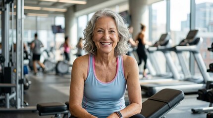 Fototapeta premium portrait of a radiant senior woman Sporty portrait of a fifty year old Hispanic during her workout routine, capturing a joyful expression against the blurred backdrop of a high-end fitness center.