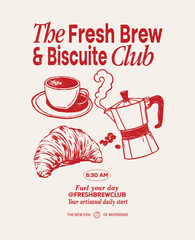 Coffee Club Poster with Moka Pot Coffee Cup and Croissant Illustration © xfrimran