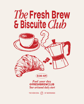 Coffee Club Poster with Moka Pot Coffee Cup and Croissant Illustration