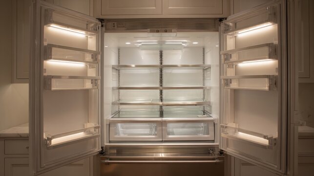 Clean, open-plan built-in refrigerator unit with illuminated interior and shelves ready for food storage