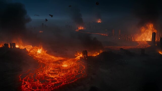 Cataclysmic Destruction Unleashed in a Futuristic Metropolis Engulfed by Lava and Fire