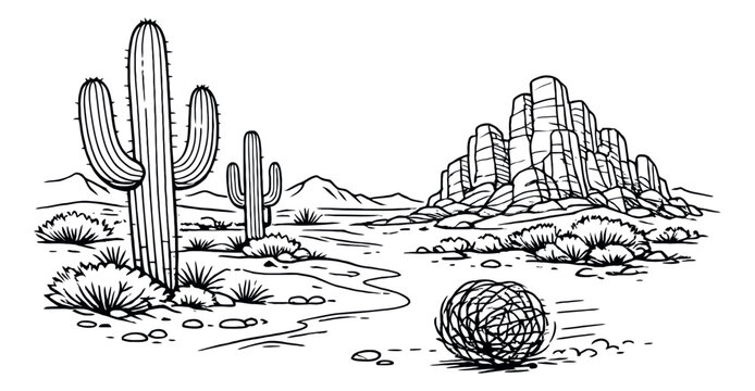 Hand drawn line art illustration of a desert landscape depicting saguaro cactus, rock formations, and a rolling tumbleweed for wilderness and nature themes