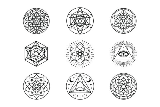 Mystical geometric symbols and sacred geometry patterns