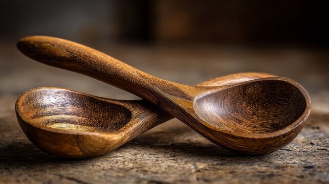 Two polished wooden kitchen spoons intricately intertwined on a rustic wooden surface