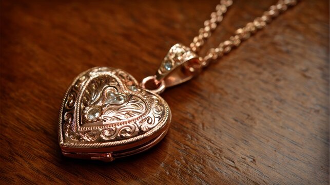 Intricately Engraved Rose Gold Heart Locket Necklace with Diamonds on a Wooden Surface