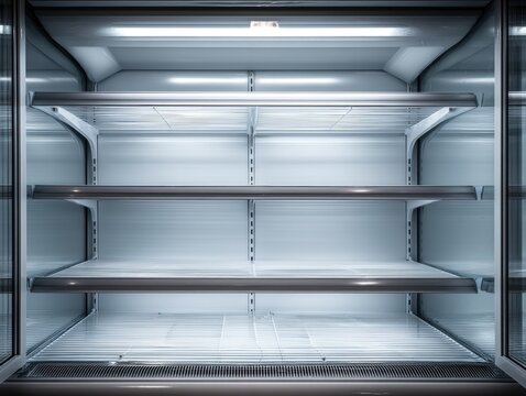 Empty commercial display refrigerator with illuminated shelves and glass doors, showcasing a clean interior space.
