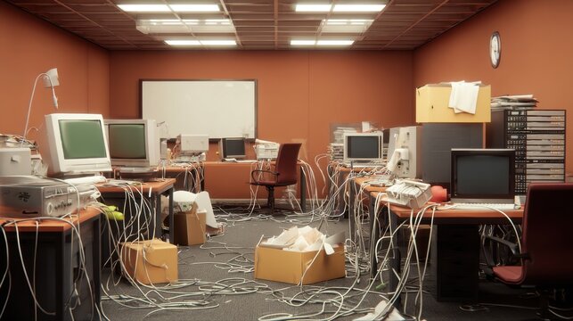Cluttered Retro Office Workspace with Vintage Computers and Tangled Wires, Evoking Nostalgia and Chaos