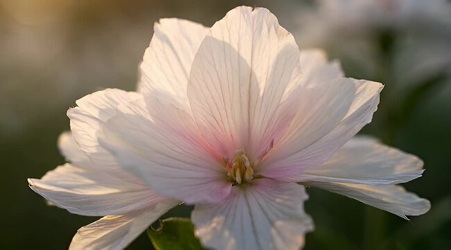 Close up of a white and pink Clarkia flower with natural lighting
