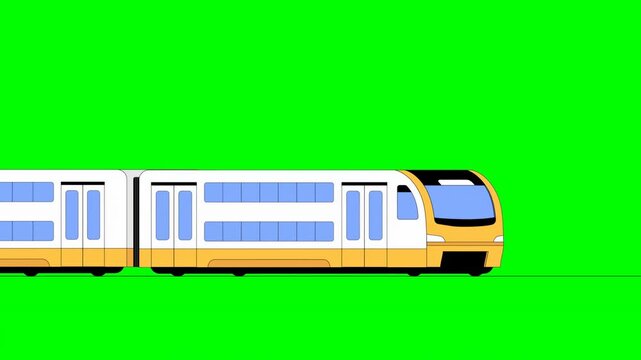 2D Illustration of Cartoon White Yellow Cargo Train Traveling Along Railroad Driving on Green Background