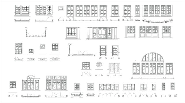 Door and window set CAD elevation with front view architectural details for residential building design. Clean CAD-style vector illustration isolated on white background. EPS 10.