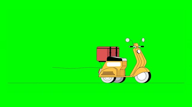 2D Animated Three Wheeler Yellow Moped Transporting Red Delivery Package on Green Background.