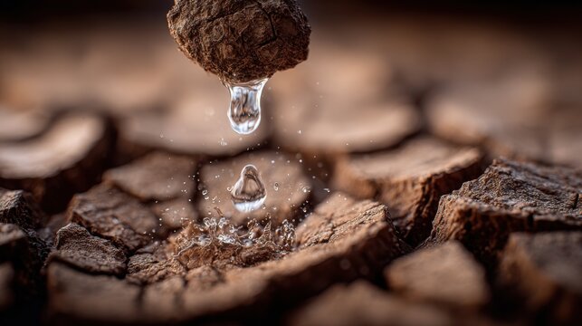Close-up macro shot of a water droplet falling onto extremely dry, cracked earth, symbolizing drought and scarcity